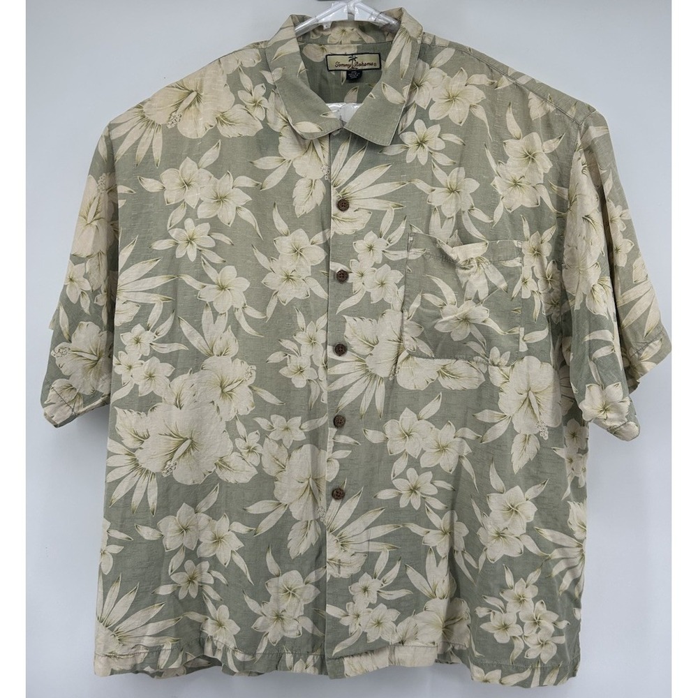 Tommy Bahama 100% Silk Short Sleeve Beige Floral Print Button Down 2XL‎